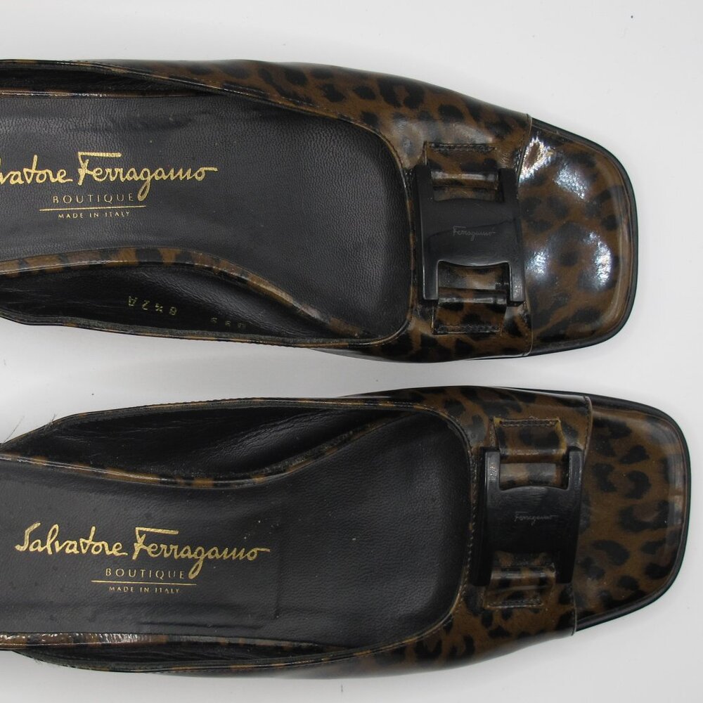 Salvatore Ferragamo leopard print patent leather wedge mule in 8.5AA